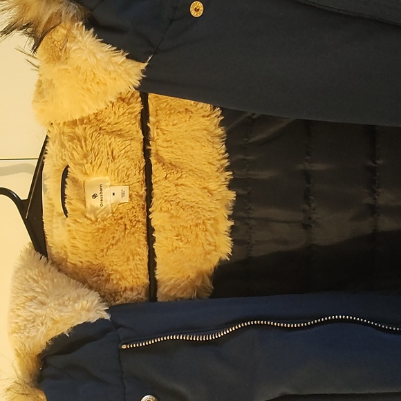 Hooded Women's Navy Parka with Faux Fur Trim - Picture 6 of 12